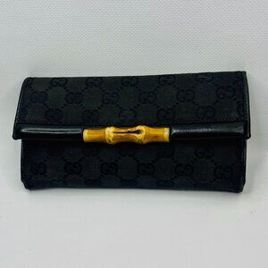 Gucci Canvas Monogram GG Bamboo Long Wallet Vintage Black